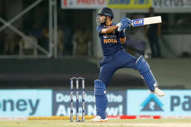 India’s Shreyas Iyer bats during the first T20 International against England