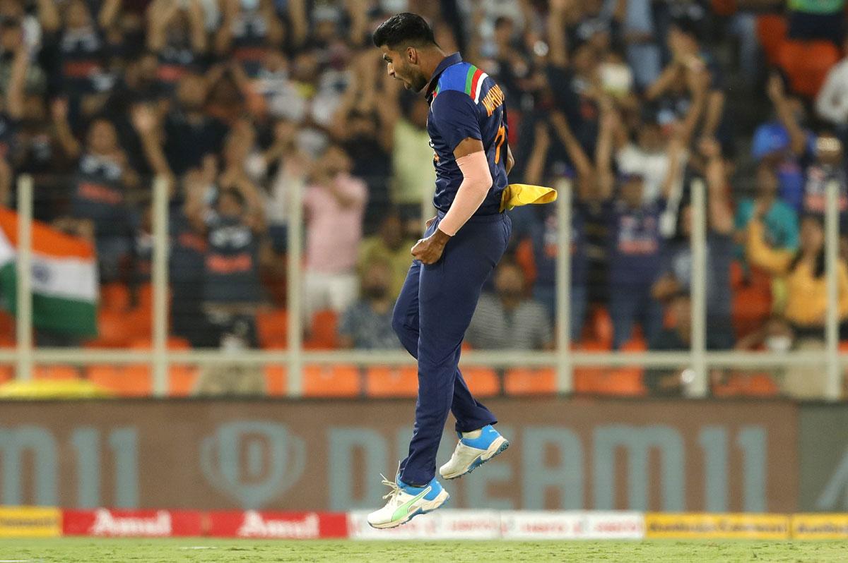 Washington Sundar celebrates the wicket of Jonny Bairstow