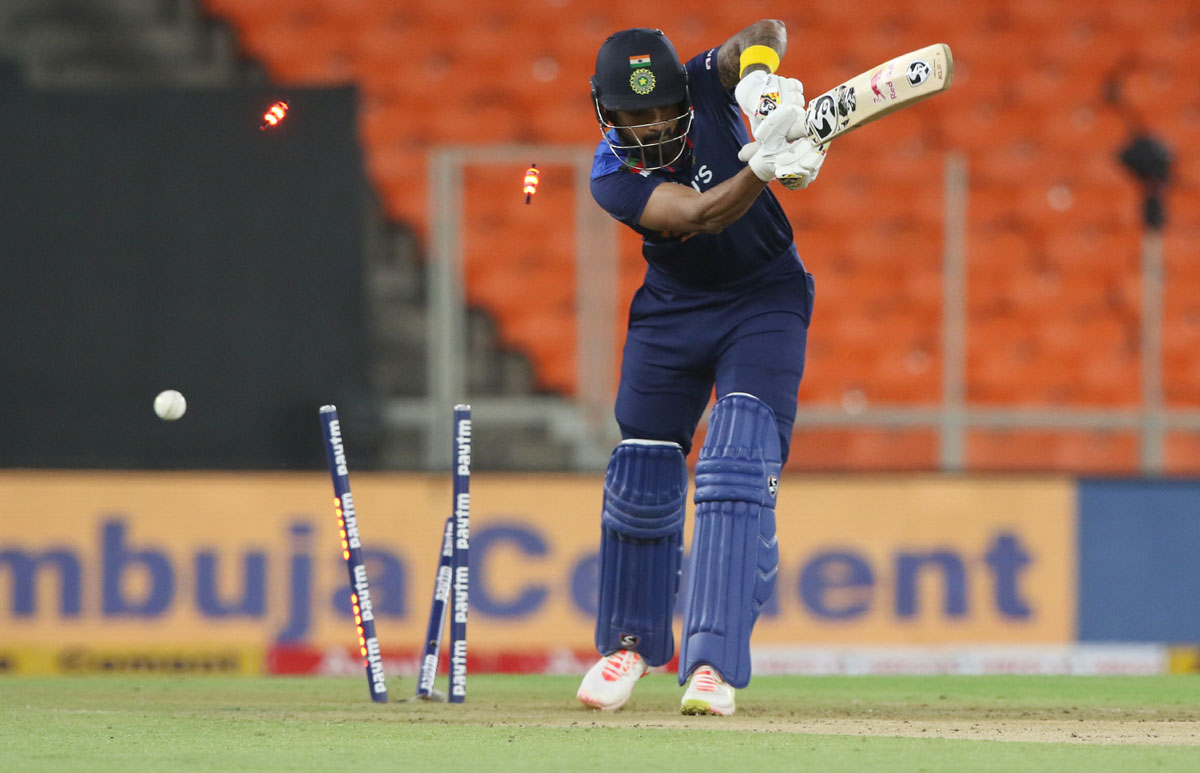 KL Rahul is bowled by England pacer Mark Wood.