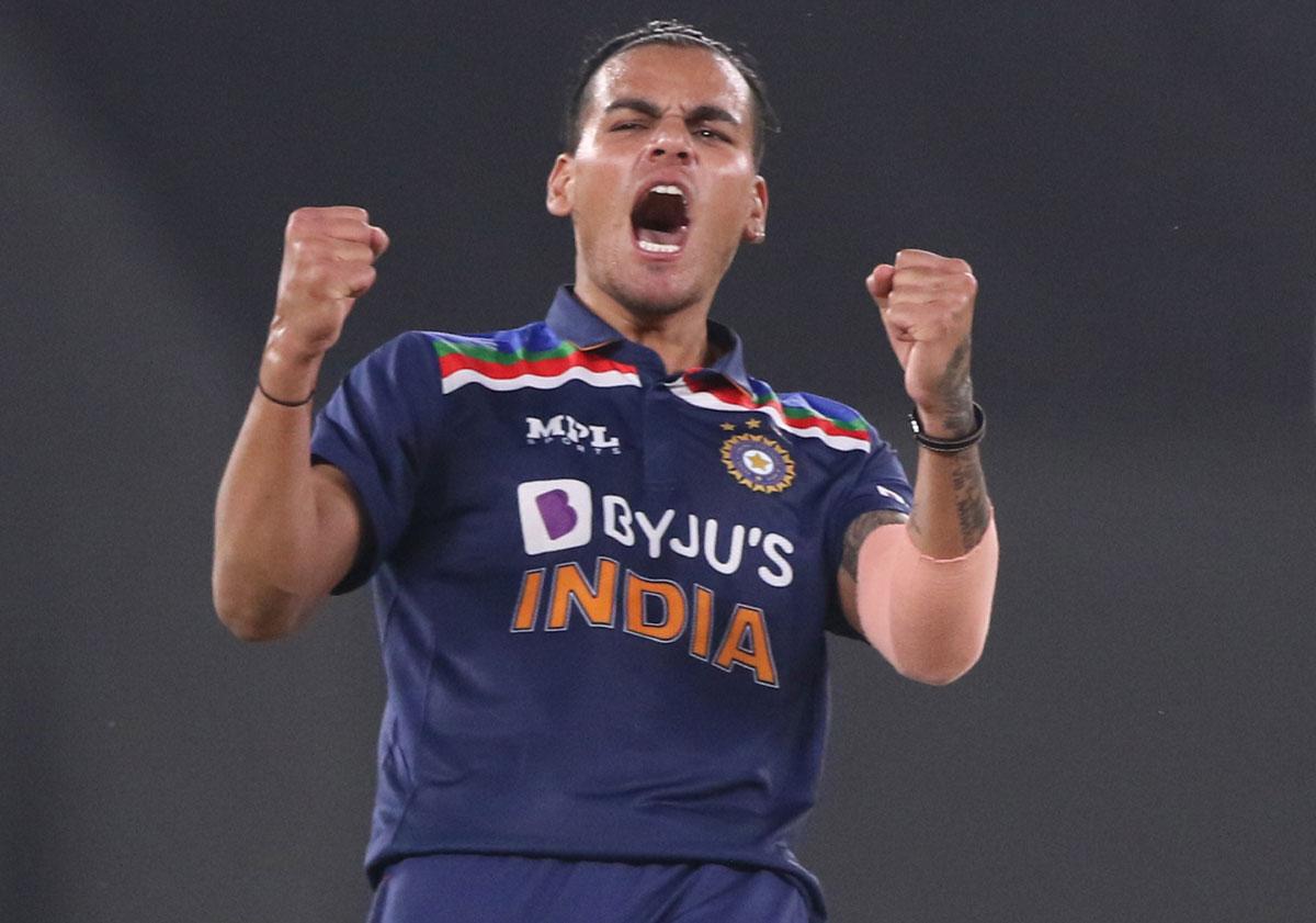 Rahul Chahar celebrates the wicket of Dawid Malan