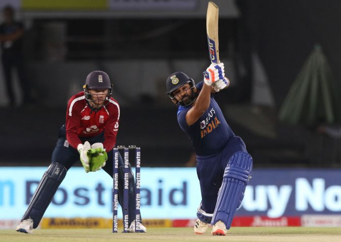 Rohit Sharma hits a six during the 4th T20 International against England