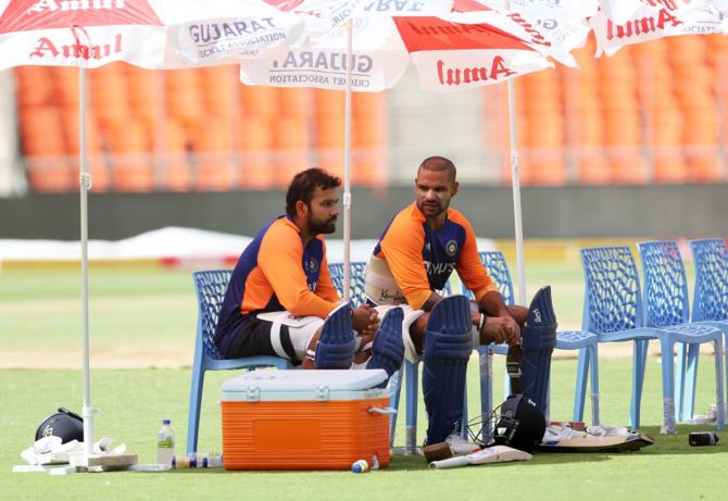 Rohit Sharma and Shikhar Dhawan prrpare for a Team India nets session, at the Narendra Modi stadium, in Ahmedabad. 