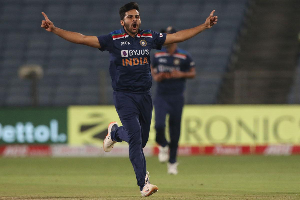 Shardul Thakur exults after dismissing Eoin Morgan