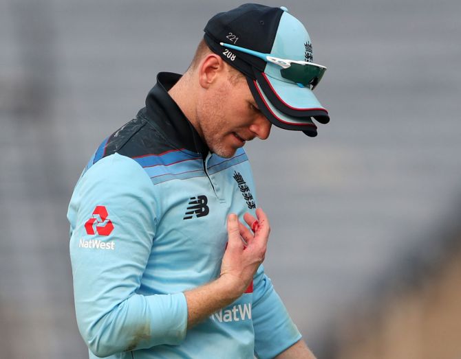 England captain Eoin Morgan split the webbing between his right thumb and index finger that required four stitches while fielding in the first ODI against India