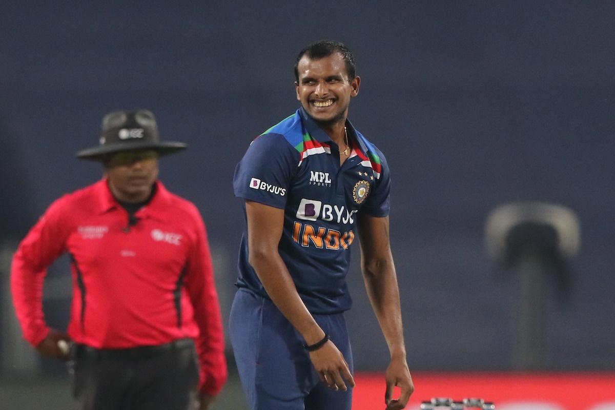 T. Natarajan celebrates after dismissing Ben Stokes.