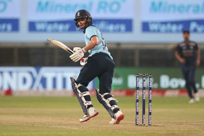 Sam Curran sends the ball over the boundary during his blazing, unbeaten 95