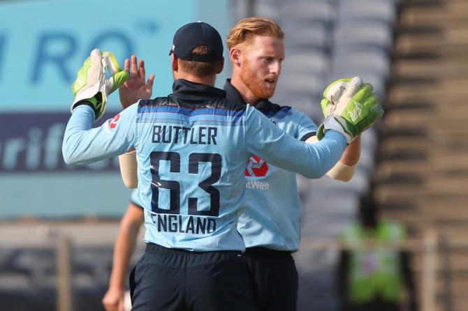 Ben Stokes celebrates the wicket of Hardik Pandya