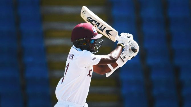 Kraigg Brathwaite scored an unbeaten 99 on Day 1 of the 2nd Test against Sri Lanka at North Sound, Antigua, on Monday
