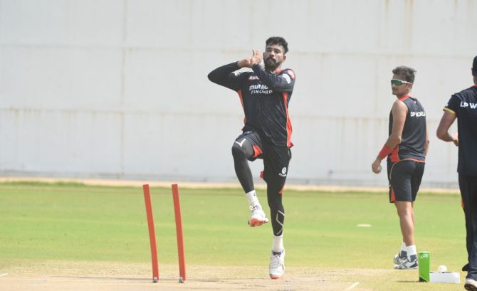 Mohammed Siraj bowls during an RCB conditioning camp in Chennai on Tuesday