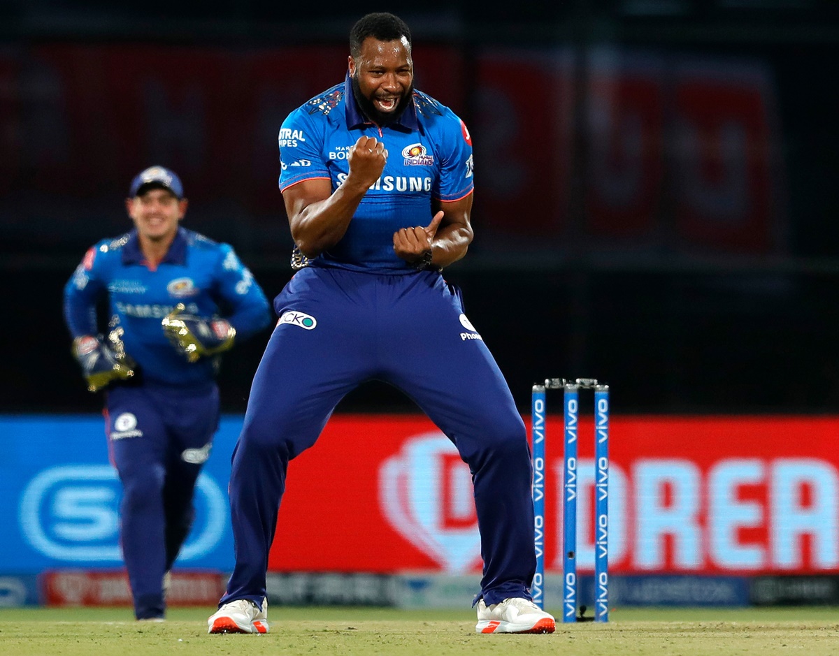 Kieron Pollard celebrates after dismissing Faf du Plessis