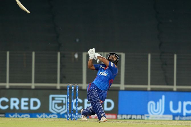 Rishabh Pant fires a shot and loses his bat