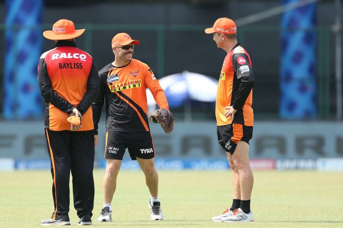 SunRisers Hyderabad's David Warner goes through a fielding drill before Sunday's IPL match against Rajasthan Royals in Delhi. 