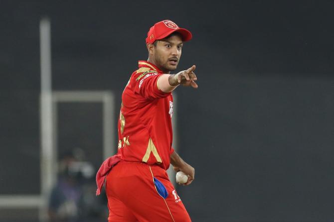 Punjab Kings captain Mayank Agarwal sets the field during the IPL against Delhi Capitals in Ahmedabad on Sunday.