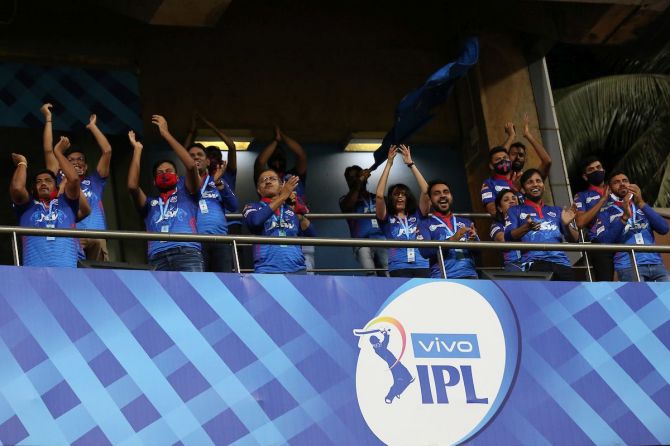 Delhi Capitals officials in the stands. DC were the table-toppers of IPL 2021 before the tournament was indefinitely postponed
