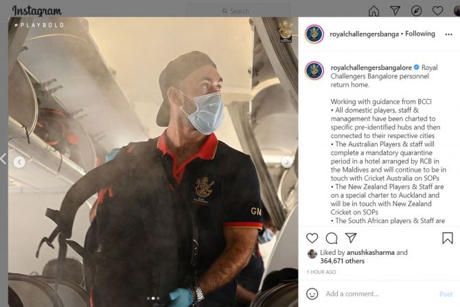 Glen Maxwell headed to Maldives where he will be quarantined in a local hotel assigned by RCB before leaving for Australia based on their SOPs.