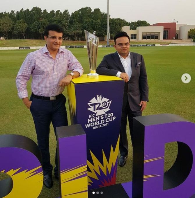 BCCI president Sourav Ganguly and secretary Jay Shah at the launch of the T20 World Cup.  Already looking at a $270 million revenue loss following the suspension of the IPL, the board faces a second financial hammer blow if the COVID-19 pandemic prevents India staging the ICC tournament in October and November.