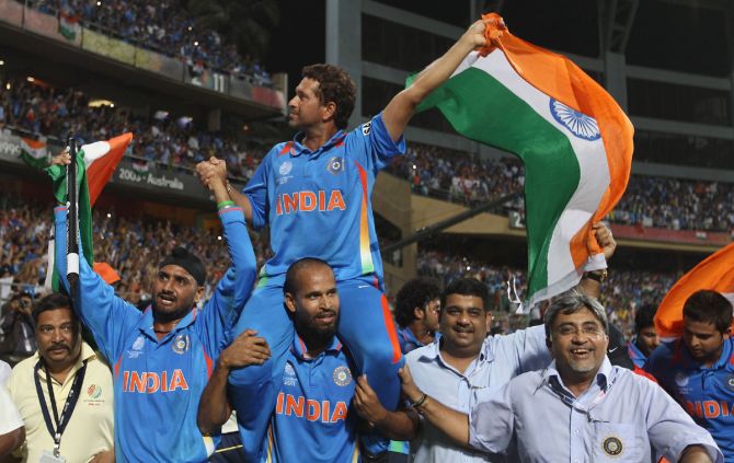 Sachin Tendulkar is chaired by his India teammates on a lap of honour after victory over Sri Lanka in the final of the 2011 World Cup, at the Wankhede Stadium in Mumbai, on April 2, 2011. 