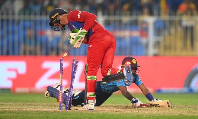 Sri Lanka opener Pathum Nissanka is run-out as England wicketkeeper Jos Buttler dislodges the bails.