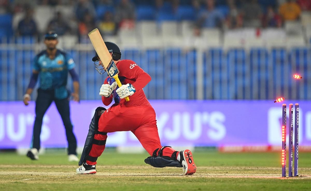 England opener Jason Roy is bowled by Sri Lanka spinner Wanindu Hasaranga.