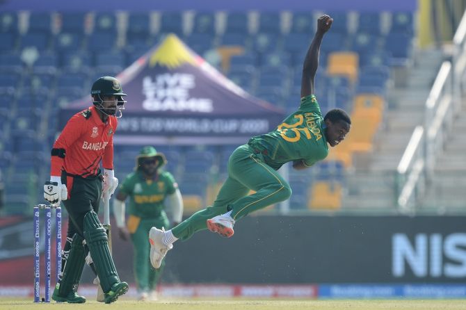 South Africa pacer Kagiso Rabada bowls during the T20 World Cup match against Bangladesh, at Sheikh Zayed stadium in Abu Dhabi, on Tuesday. 