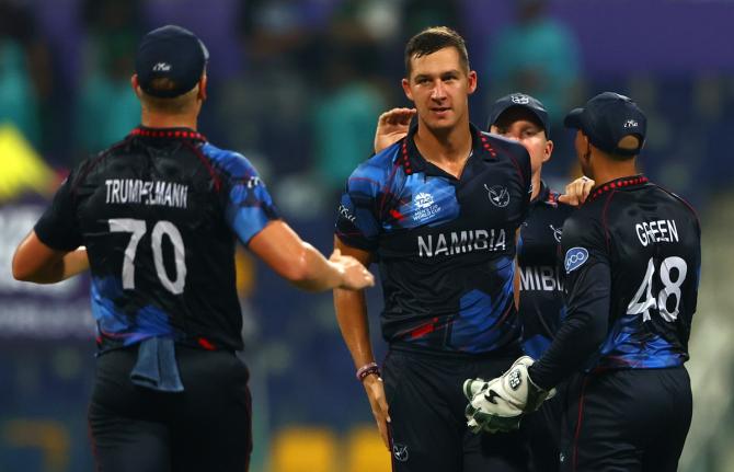 J J Smit celebrates after rapping Mohammad Rizwan on the pads. Namibia appealed for LBW, but umpire Brown said not out. The decision was upheld after a review.