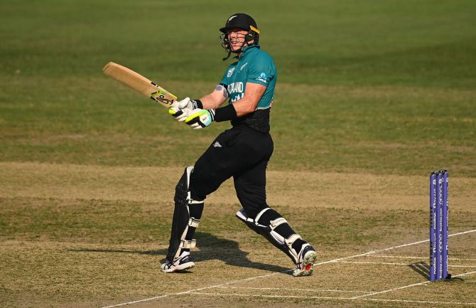 New Zealand Martin Guptill went on the rampage hitting 6 fours and 7 sixes in a breezy 93 off 56 balls, during the T20 World Cup match against Scotland, at Dubai International Stadium, on Wednesday.