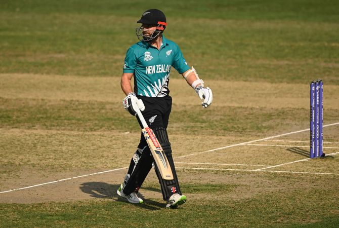 New Zealand captain Kane Williamson walks back after being dismissed for a duck.