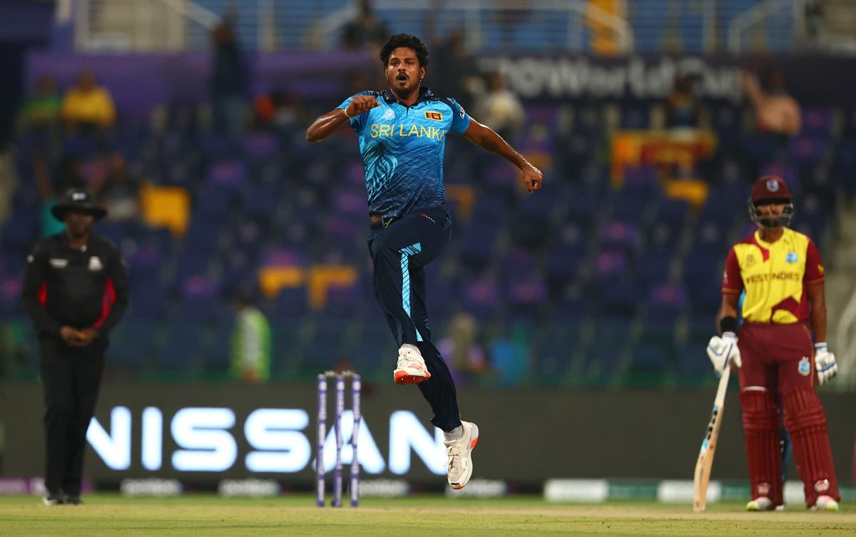 Binura Fernando celebrates the wicket of Evin Lewis.