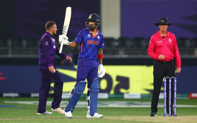 India opener K L Rahul waves to the stands after completing brisk half century during the T20 World Cup Super 12s match against Scotland, at Dubai International Cricket Stadium, on Friday. 