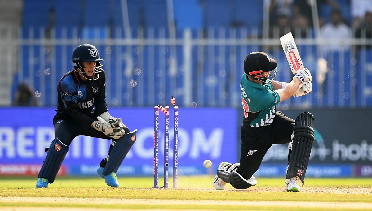 Kane Williamson is bowled by Gerhard Erasmus.