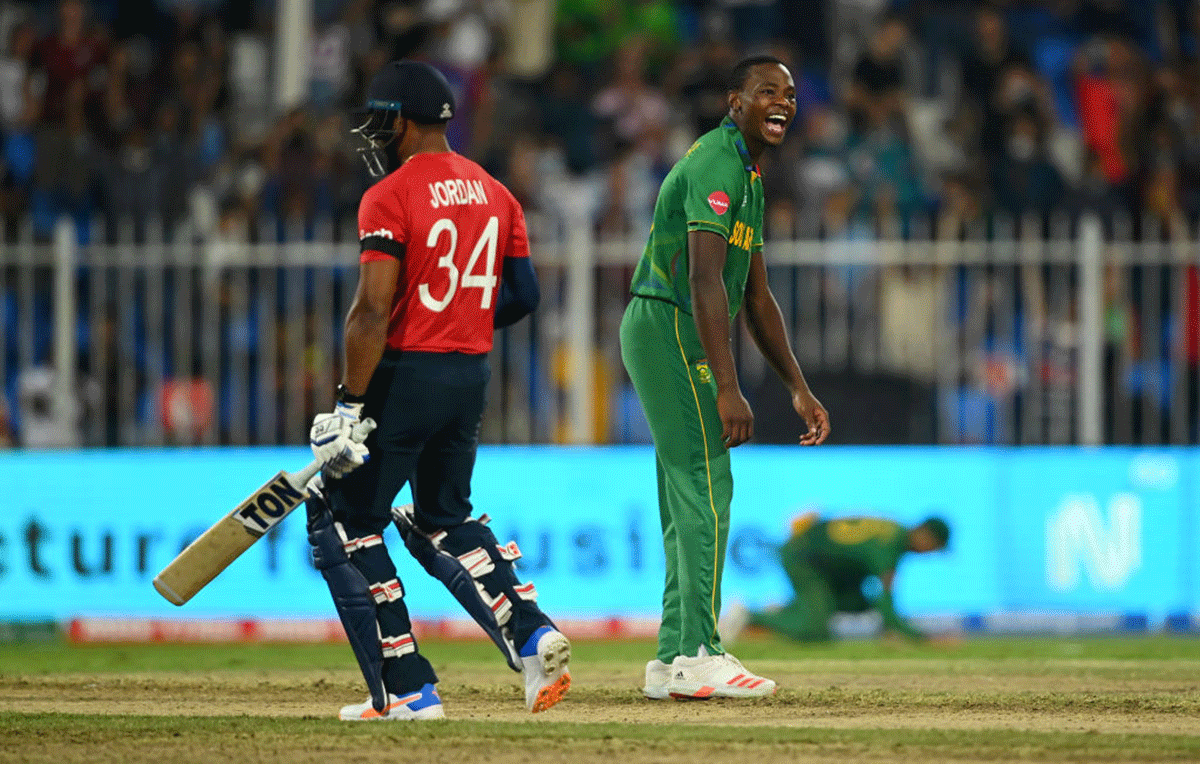 South Africa's Kagiso Rabada celebrates after dismissing Chris Jordan to claim a hat-trick