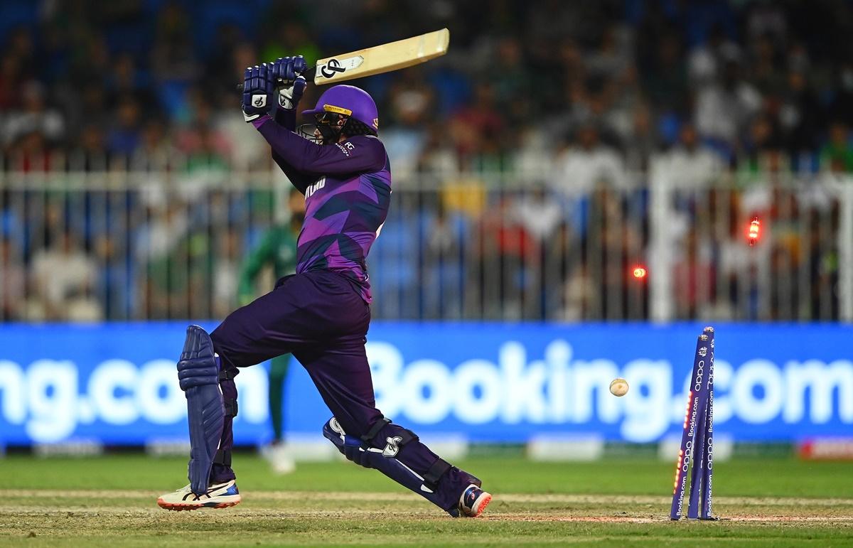 Michael Leask is bowled by Shaheen Afridi.