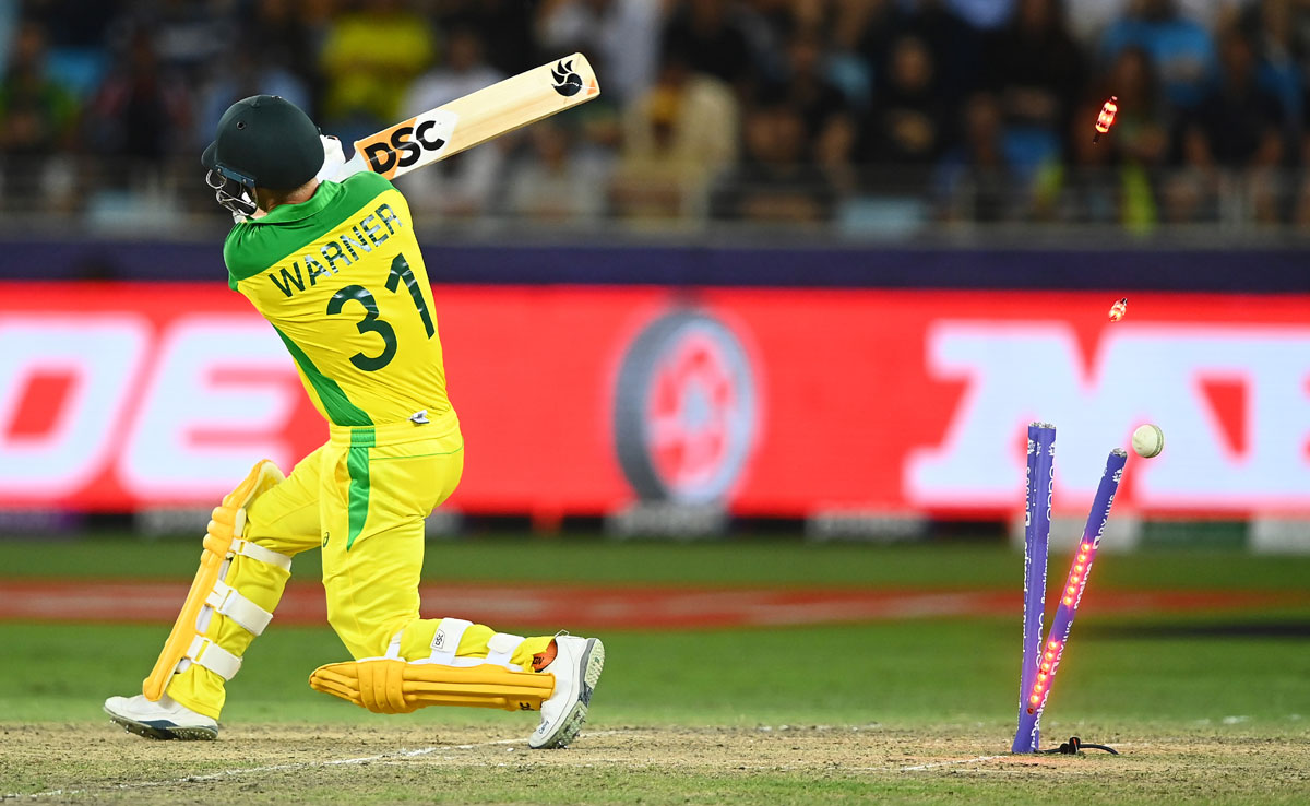 David Warner is bowled by Trent Boult