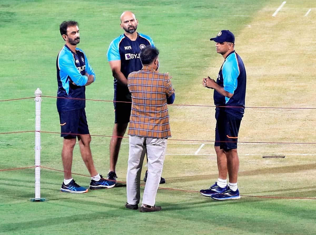 Indian cricket team coach Rahul Dravid during a practice session ahead of India's T20 cricket match against New Zealand, at Sawai Mansingh Stadium in Jaipur.