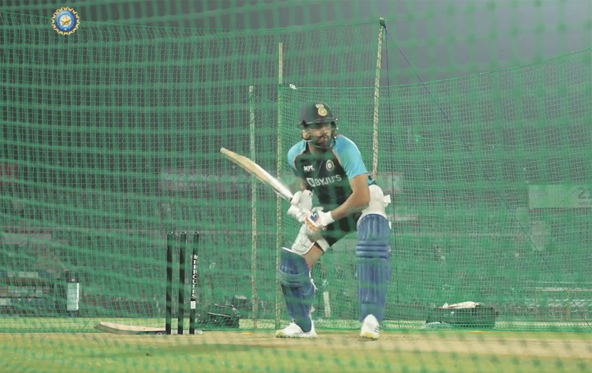 Rohit Sharma bats in the nets on Monday