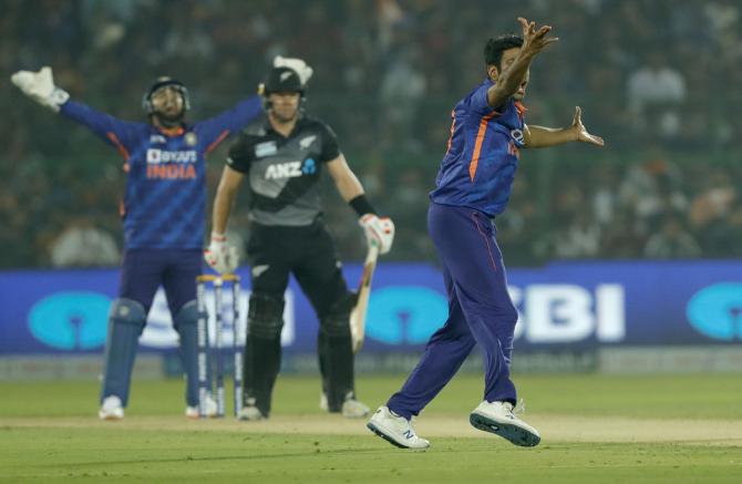 Ravichandran Ashwin for the wicket of Glenn Phillips