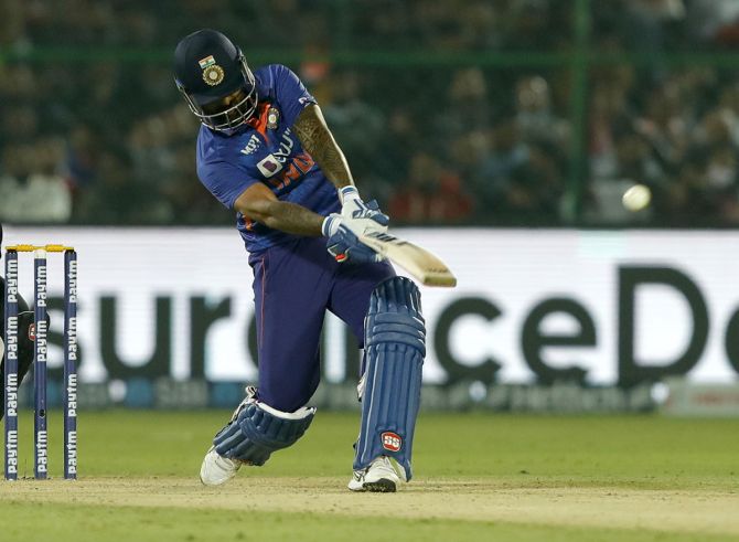 India's Suryakumar Yadav sends the ball over the boundary during his 40-ball 62, which included 6 fours and 3 sixes, during the first T20I against New Zealand, in Jaipur, on Wednesday.