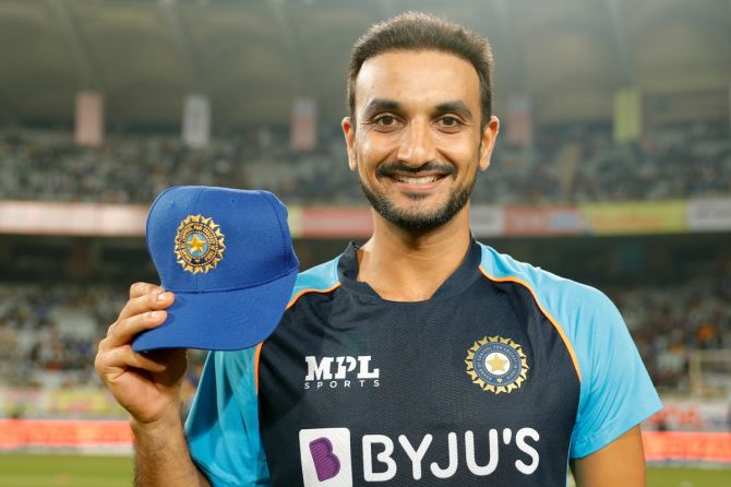 Harshal Patel is all smiles after receiving the India cap ahead of the second T20 International against New Zealand, at the JSCA International Stadium Complex in Ranchi, on Friday.