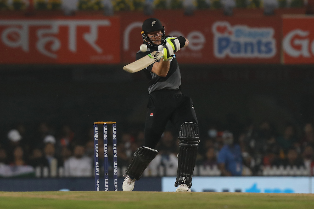 New Zealand opener Martin Guptill hits a six during his 15-ball 31 in the second T20 International against India, in Ranchi, on Friday.