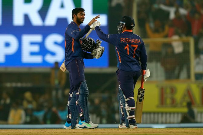 Rishabh Pant and Venkatesh Iyer celebrate after sealing an easy victory.