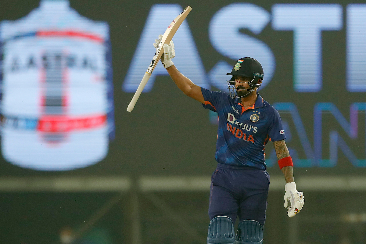 India opener K L Rahul waves to the stands after completing a half-century during the second T20 International against New Zealand, at the JSCA International Stadium Complex in Ranchi, on Friday.