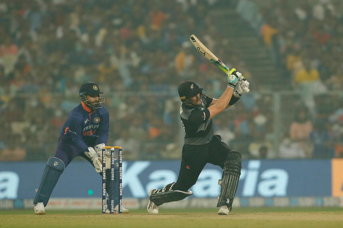 Martin Guptill hits a six during his 51 off 36 balls.