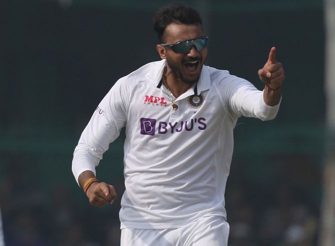 Axar Patel celebrates the wicket of Tom Latham
