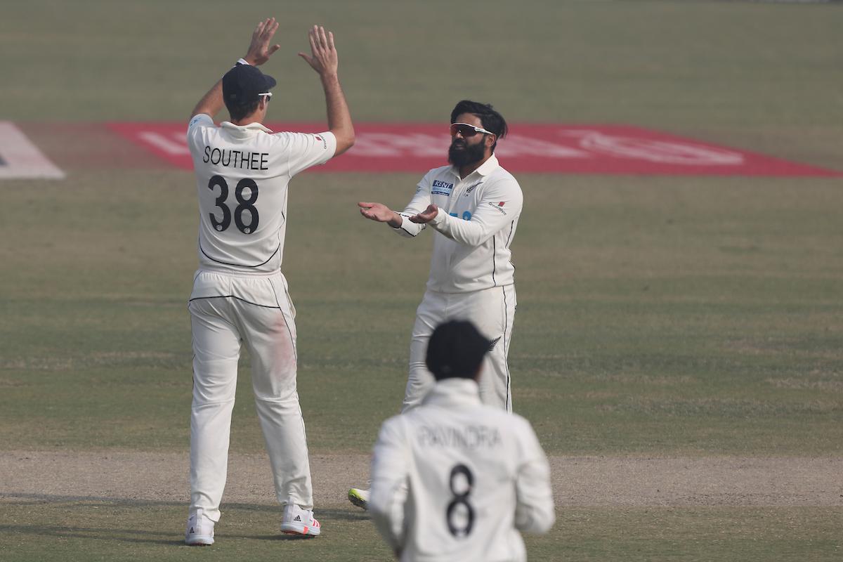 Ajaz Patel celebrates with Tim Southee after dismissing Ajinkya Rahane