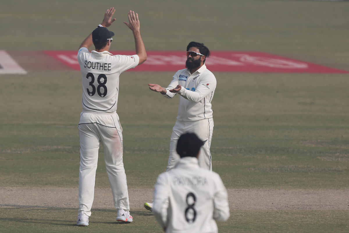 Ajaz Patel celebrates with Tim Southee after dismissing Ajinkya Rahane