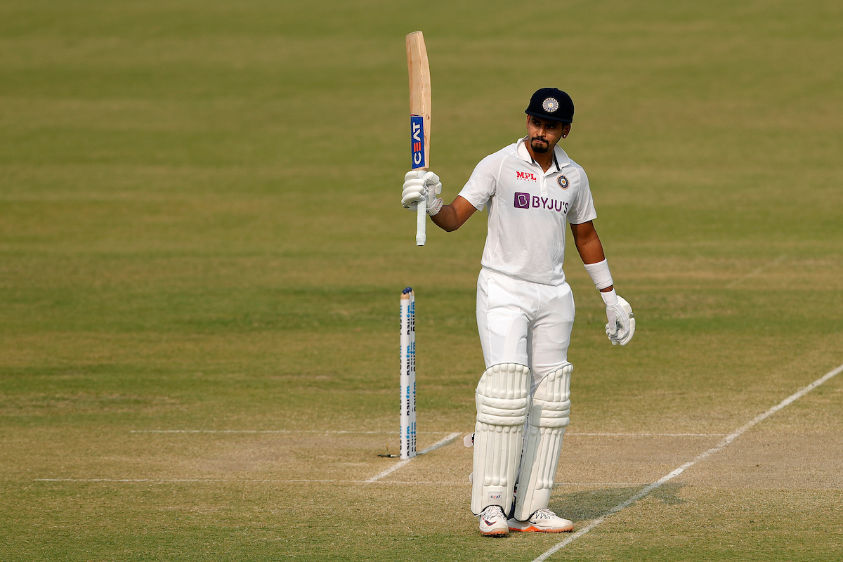 India’s Shreyas Iyer celebrates after completing a half-century in the second innings during Day 4 of the first Test against New Zealand, in Kanpur, on Sunday.