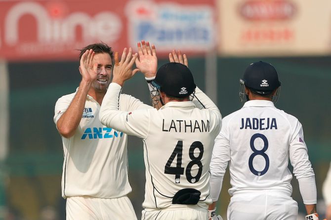 New Zealand pacer Tim Southee celebrates the wicket of India’s Ravindra Jadeja in the second innings.
