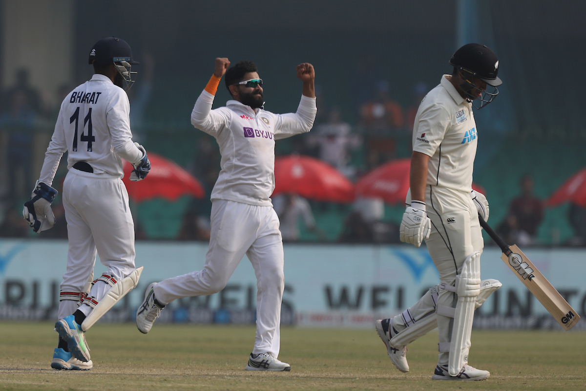 Ravindra Jadeja celebrates after dismissing Ross Taylor.