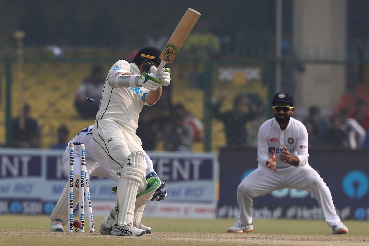 Tom Latham is bowled by Ravichandran Ashwin.