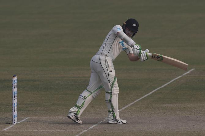 New Zealand opener Tom Latham bats during Day 5 of the first Test against India, at Green Park in Kanpur, on Monday.